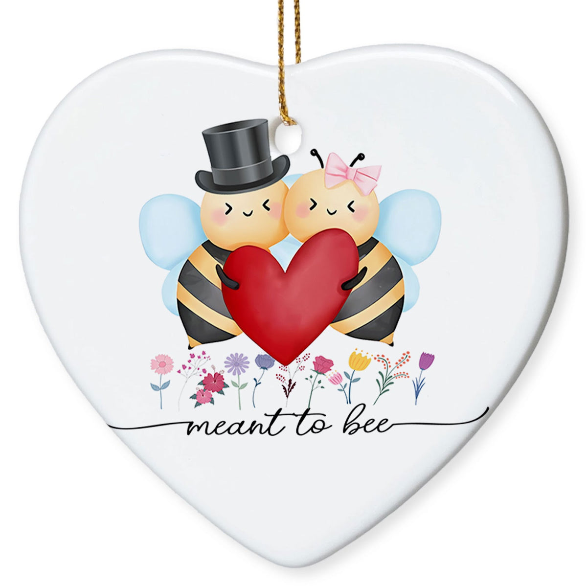 Two Cartoon Bees Holding a Red Heart Above a Row of Wildflowers. Heart-Shaped Ceramic Keepsake for Couples.