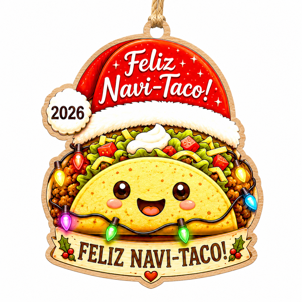 Kawaii Beef Taco Wears A Santa Hat With Christmas Lights. Fun Gift For Taco Loving Foodies.