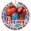 Your Talent Is God's Gift to You. Red Leather Gloves on Icy Blue, Ceramic Keepsake for Christian Boxers.
