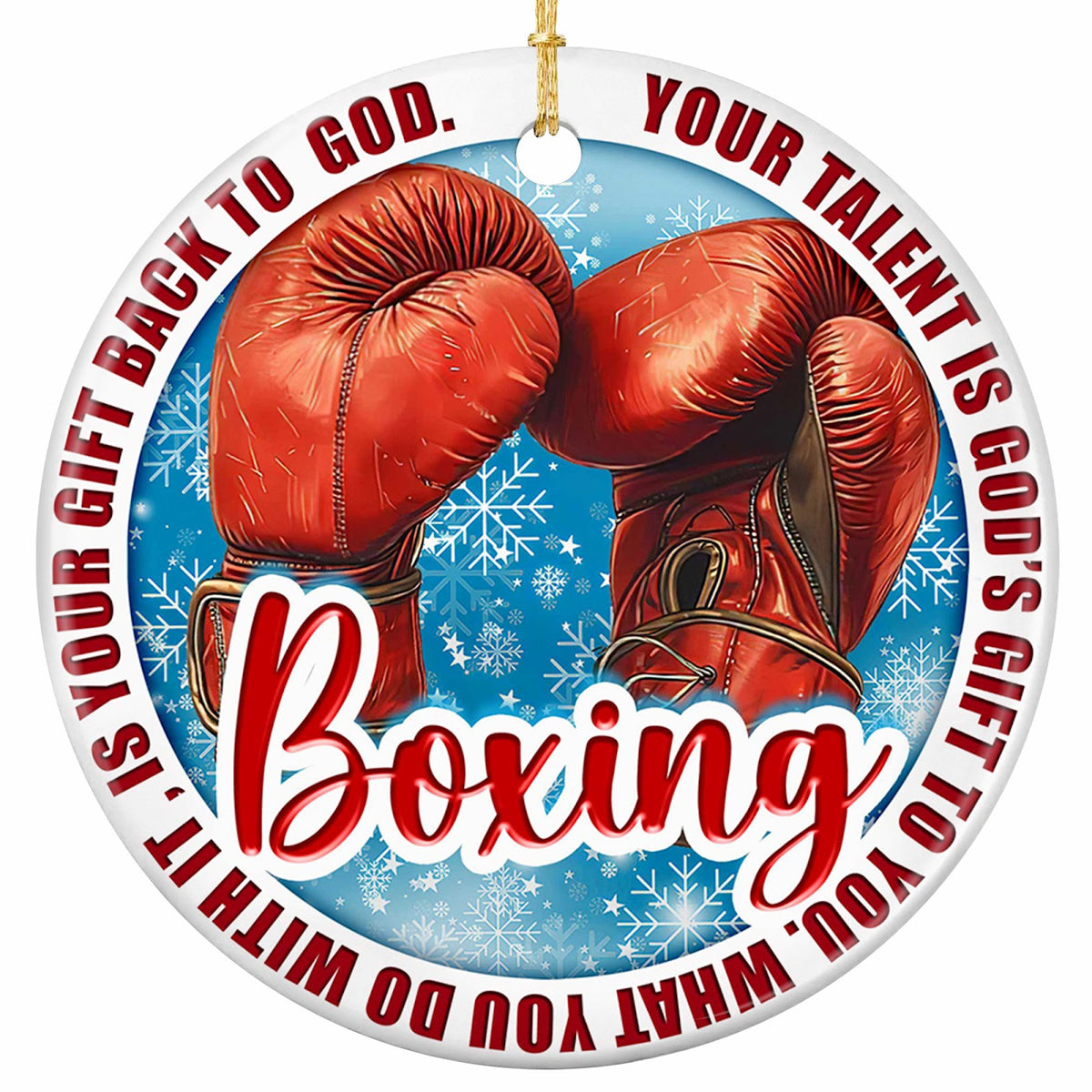 Your Talent Is God's Gift to You. Red Leather Gloves on Icy Blue, Ceramic Keepsake for Christian Boxers.