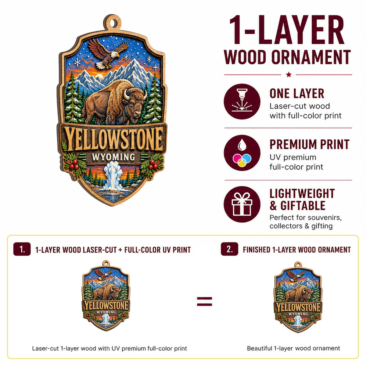 Yellowstone National Park Christmas Ornament, Wyoming Geyser and Bison Gift, Wood Ornament