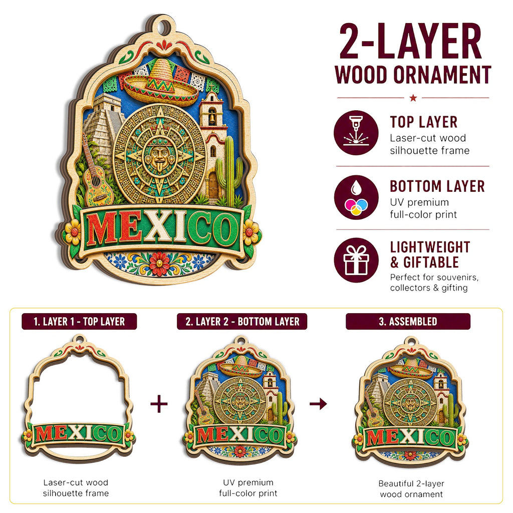 Mexico Christmas Ornament, Mayan Pyramid and Mariachi Souvenir Gift, Wood Tree Decoration