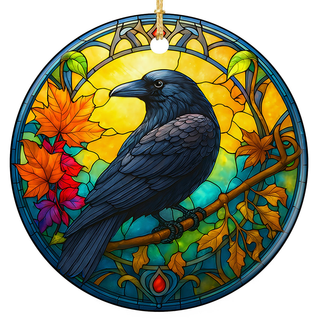 Black Raven on a Bare Branch Before a Glowing Mosaic Sun. Ceramic Keepsake for Gothic Decor Fans.