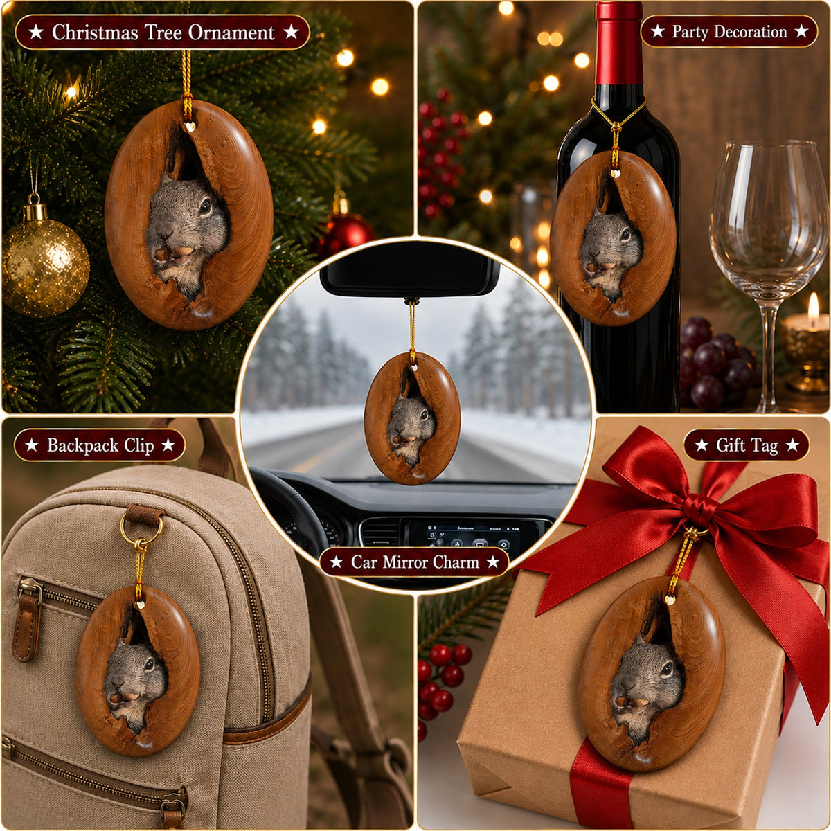 Squirrel Christmas Ornament, Tree Hollow Woodland Gift, Ceramic Hanging Tree Decoration