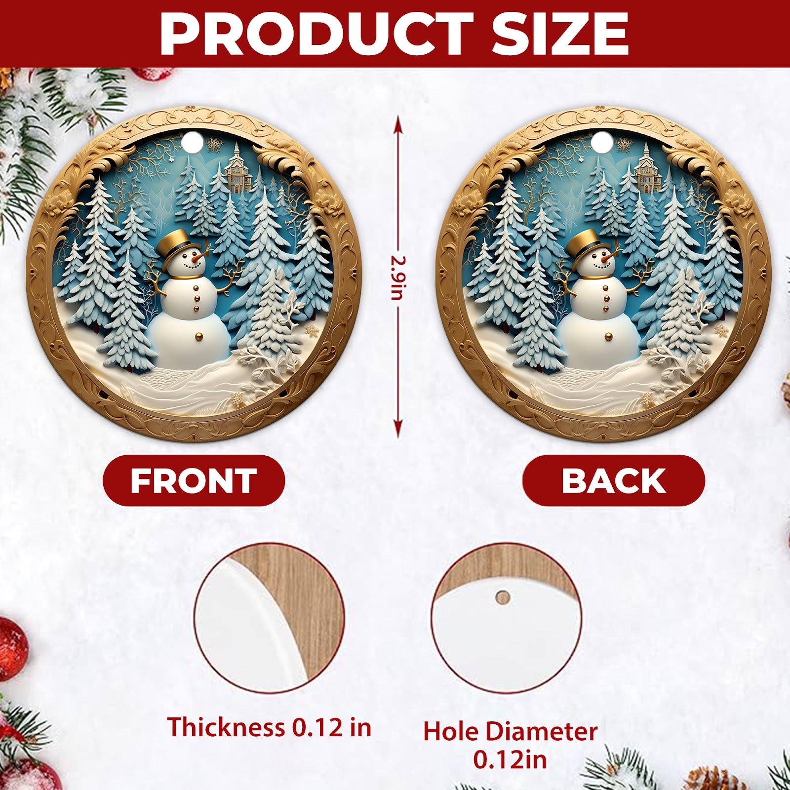 Snowman Christmas Ornament, Carved 3D Winter Scene Gift, Ceramic Hanging Tree Decoration