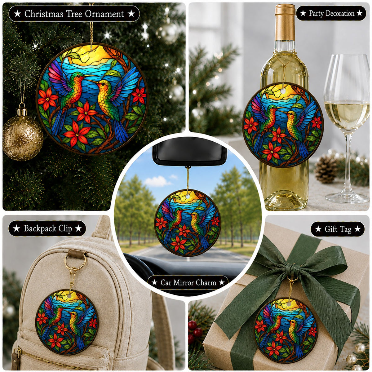 Hummingbird Christmas Ornament, Stained Glass Bird Lover Gift, Ceramic Hanging Tree Decoration