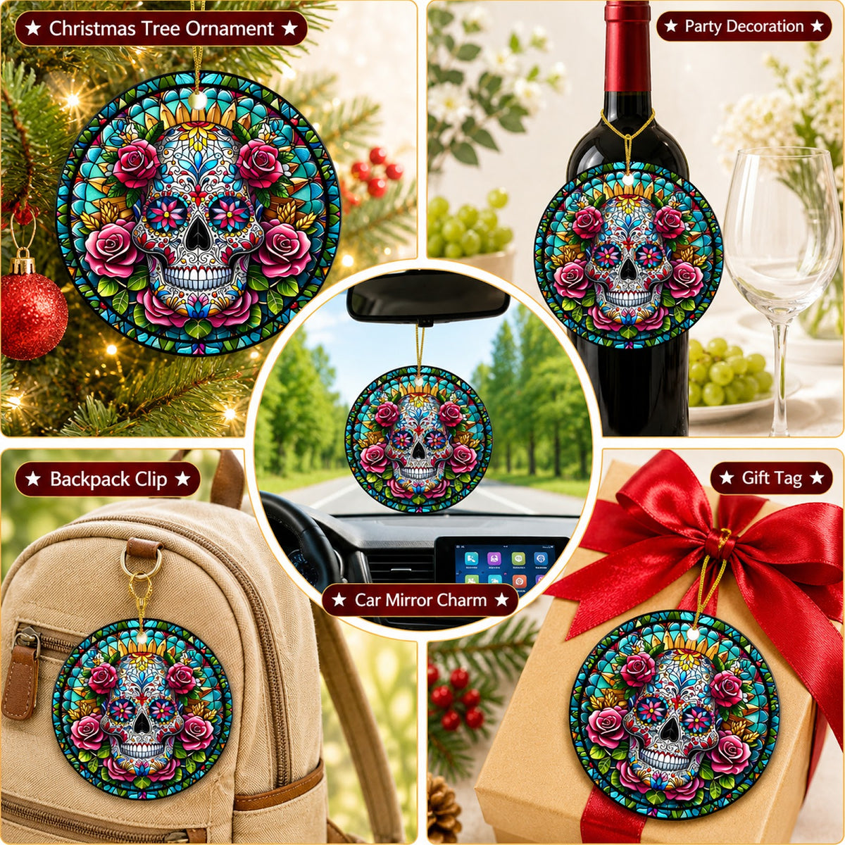Sugar Skull Christmas Ornament, Stained Glass Day Of The Dead, Ceramic Hanging Tree Decoration