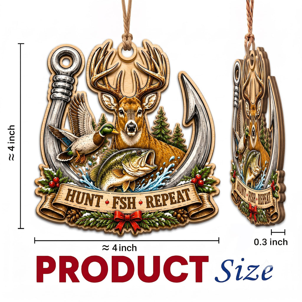 Hunt Fish Repeat Outdoorsman Christmas Ornament, Outdoorsman Lifestyle Keepsake, Wood Ornament