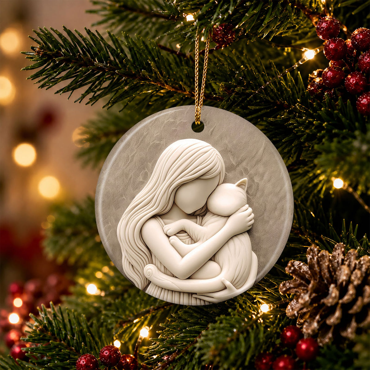 Cat Mom Christmas Ornament, Sculpted Woman Hugging Cat Keepsake, Ceramic Tree Decoration
