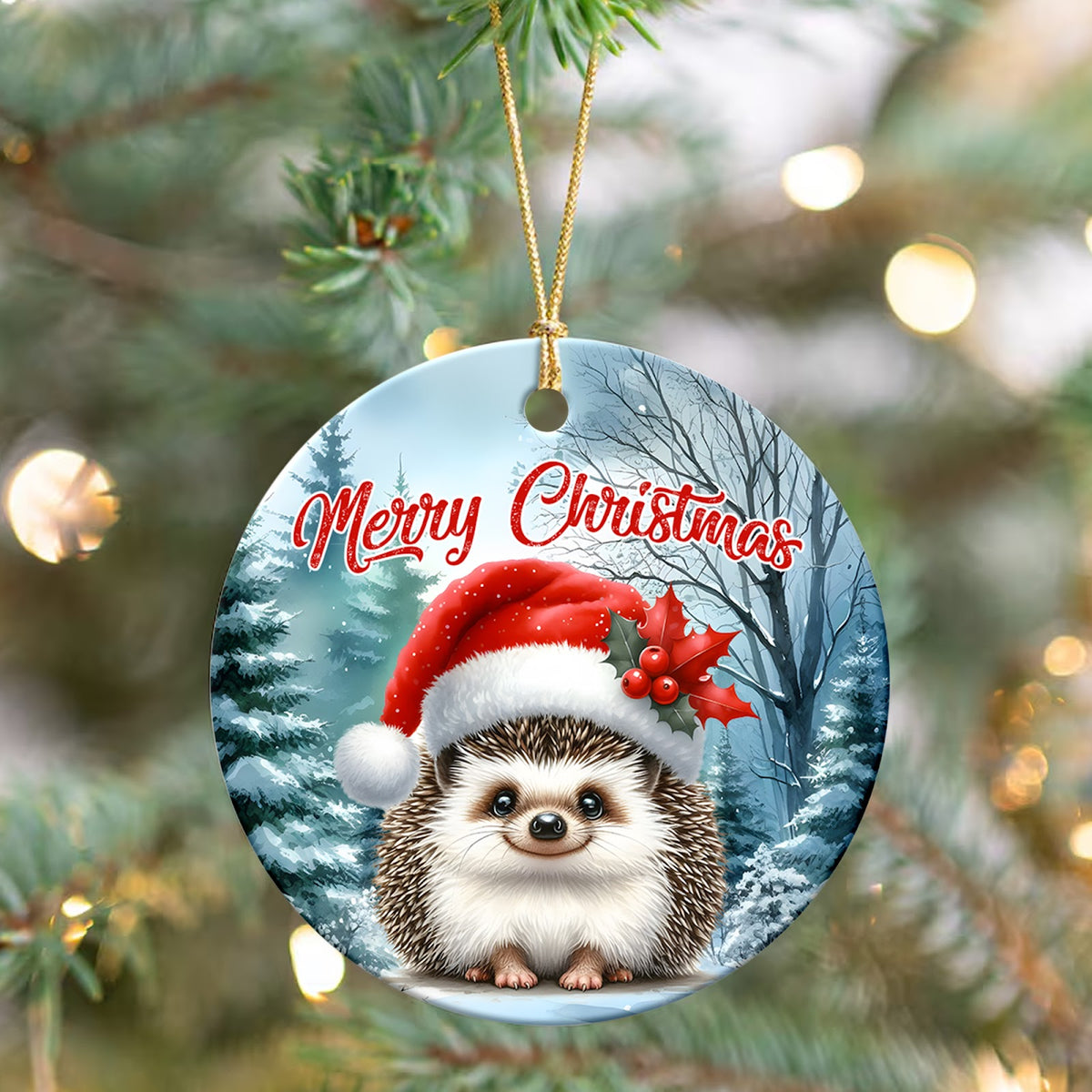 Hedgehog Christmas Ornament, Cute Woodland Animal Gift, Ceramic Hanging Tree Decoration