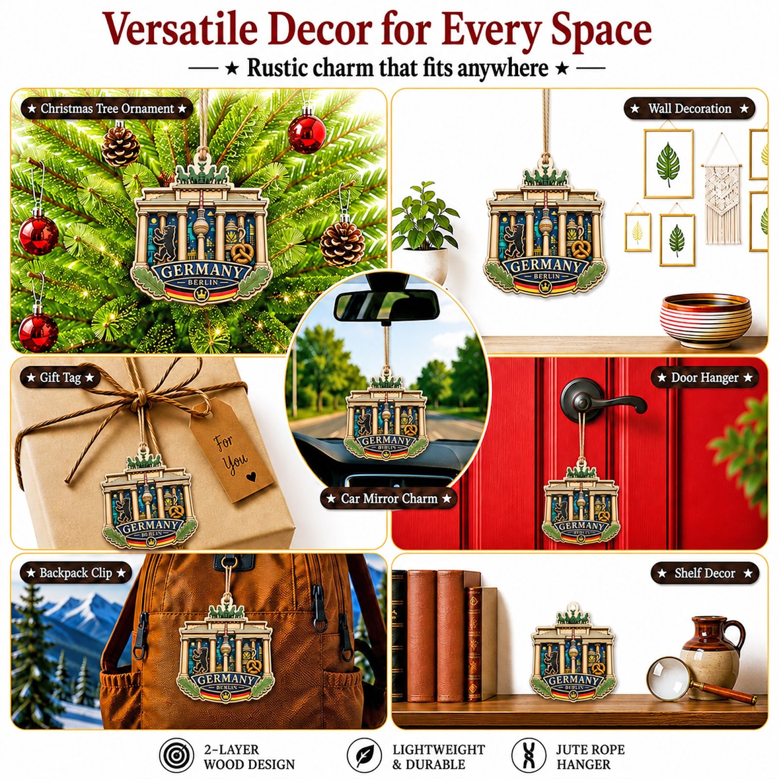 France Christmas Ornament, Paris Eiffel Tower and Seine Souvenir Gift, Wood Tree Decoration