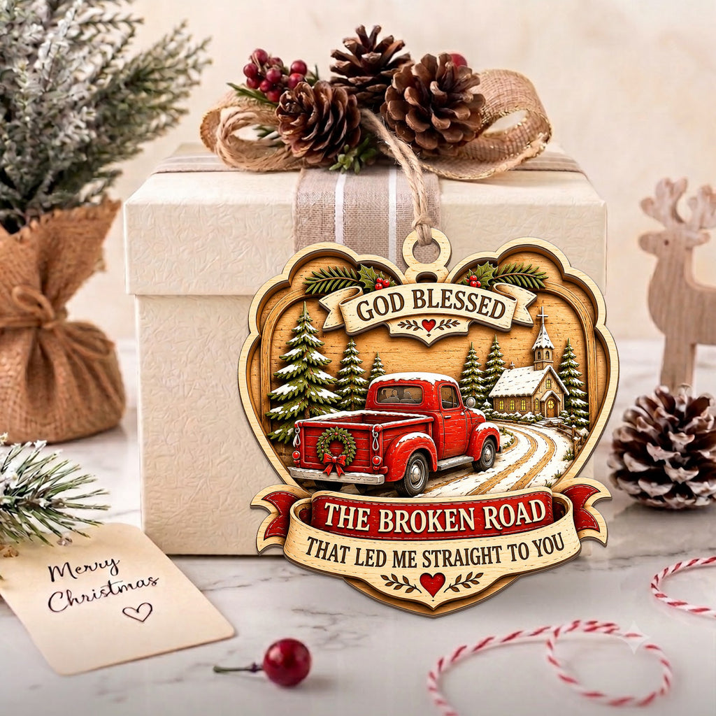 Broken Road Christmas Ornament, Inspirational Christian Gift, Wood Hanging Tree Decoration