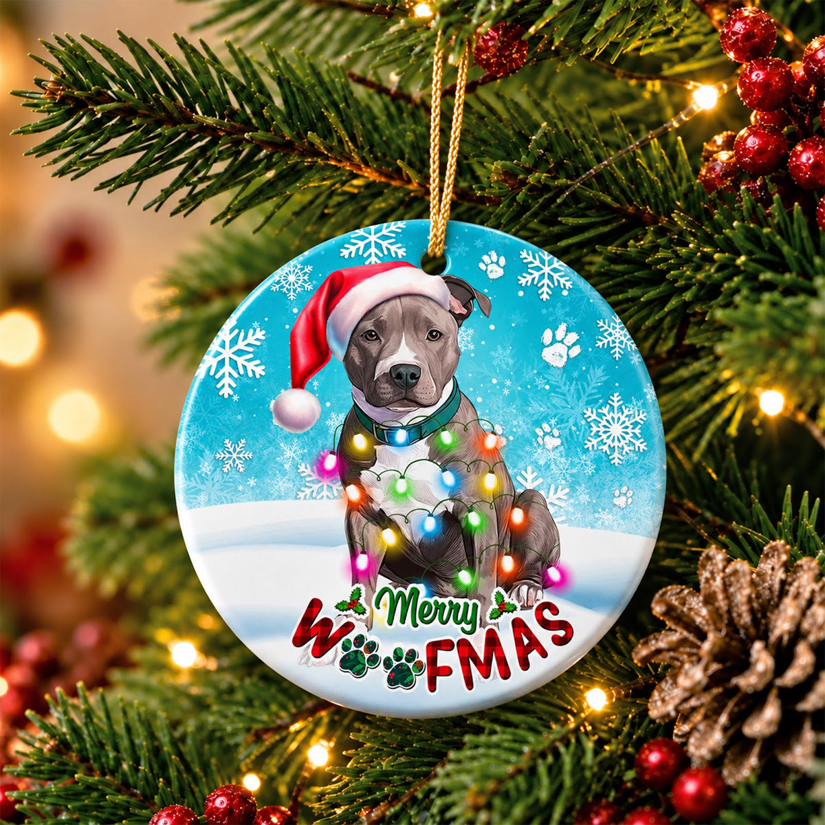 Pitbull Christmas Ornament, Merry Woofmas Rescue Dog Gift, Ceramic Hanging Tree Decoration