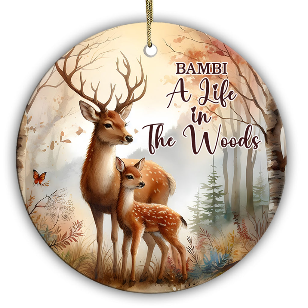 Antlered Buck Standing Behind a Spotted Fawn Among Birch and Autumn Foliage. Ceramic Woodland Keepsake.