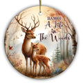Antlered Buck Standing Behind a Spotted Fawn Among Birch and Autumn Foliage. Ceramic Woodland Keepsake.