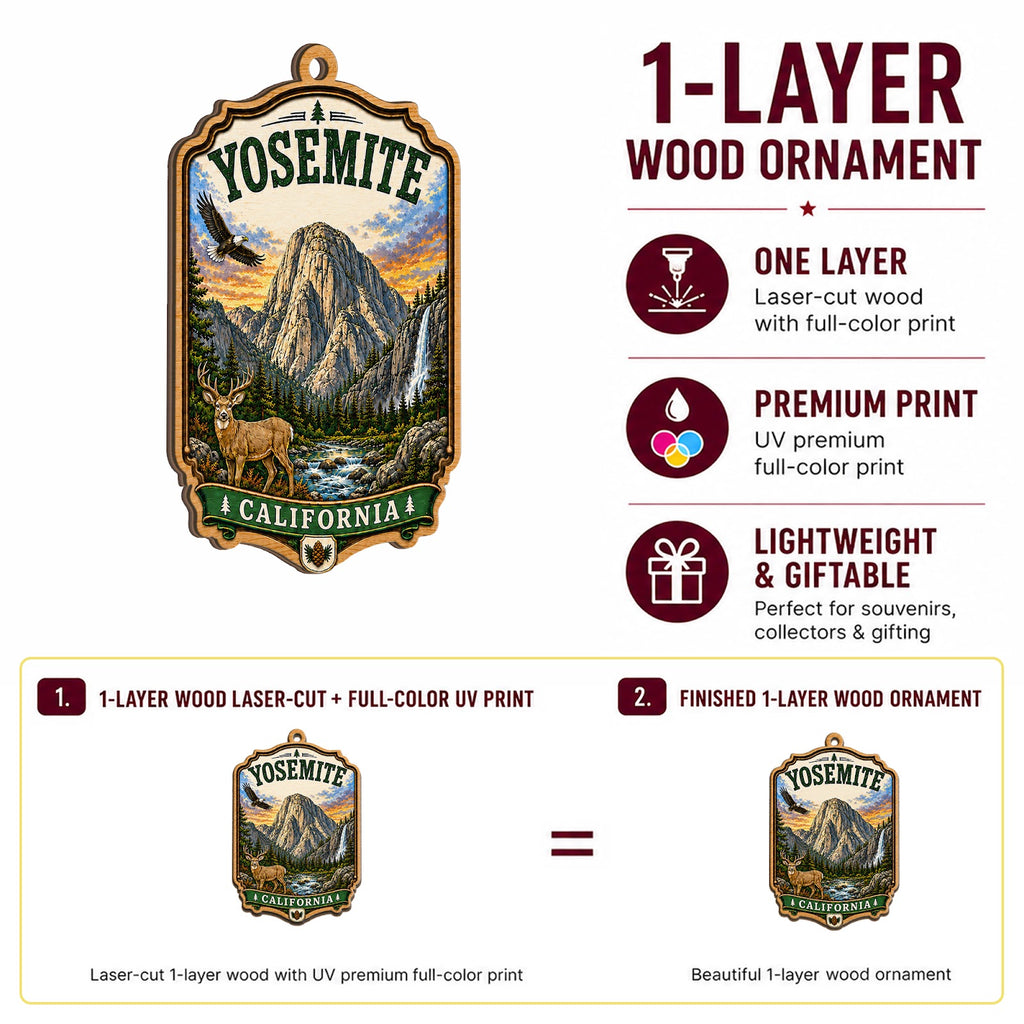 Yosemite National Park Christmas Ornament, California Waterfall Hiker Gift, Wood Ornament