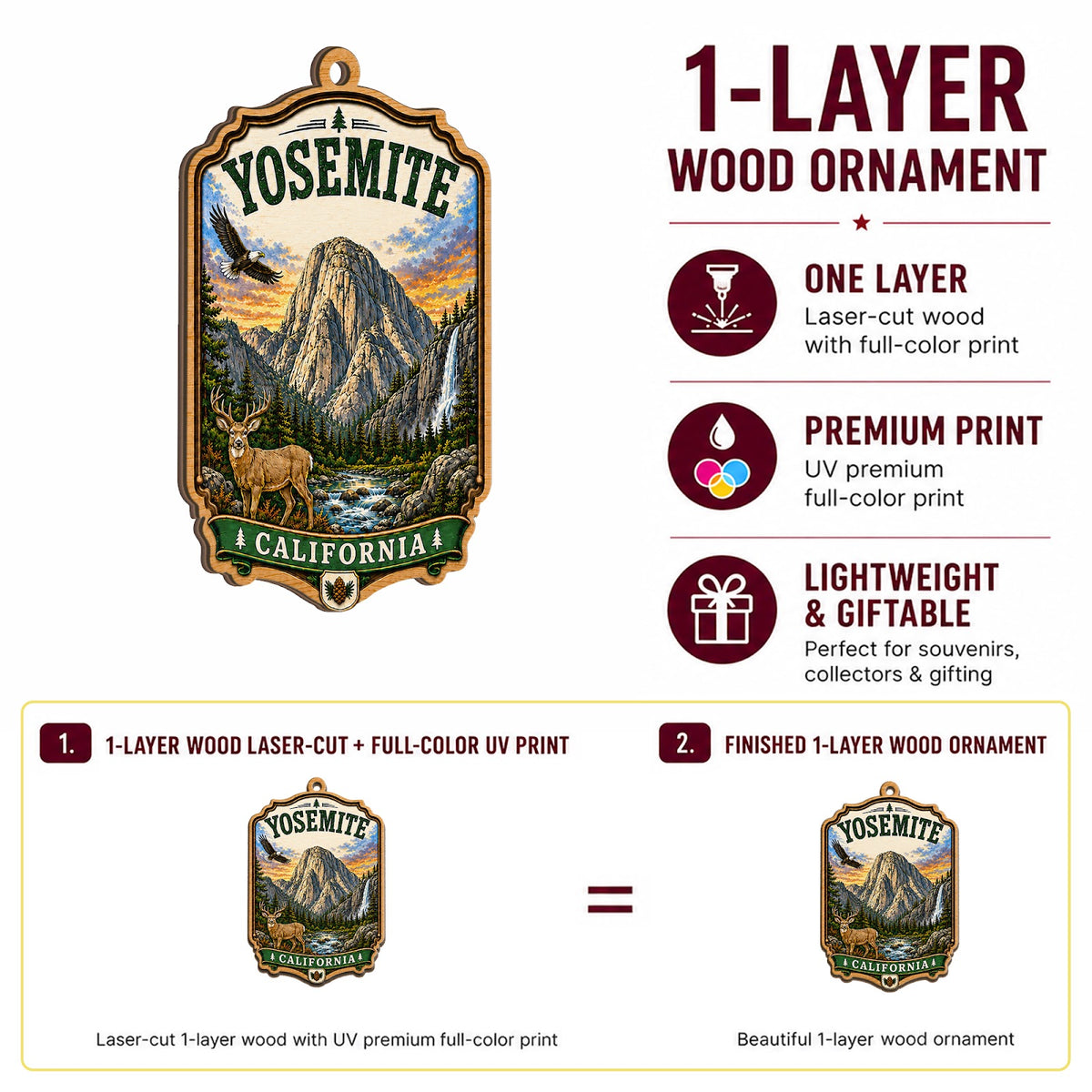 Yosemite National Park Christmas Ornament, California Waterfall Hiker Gift, Wood Ornament