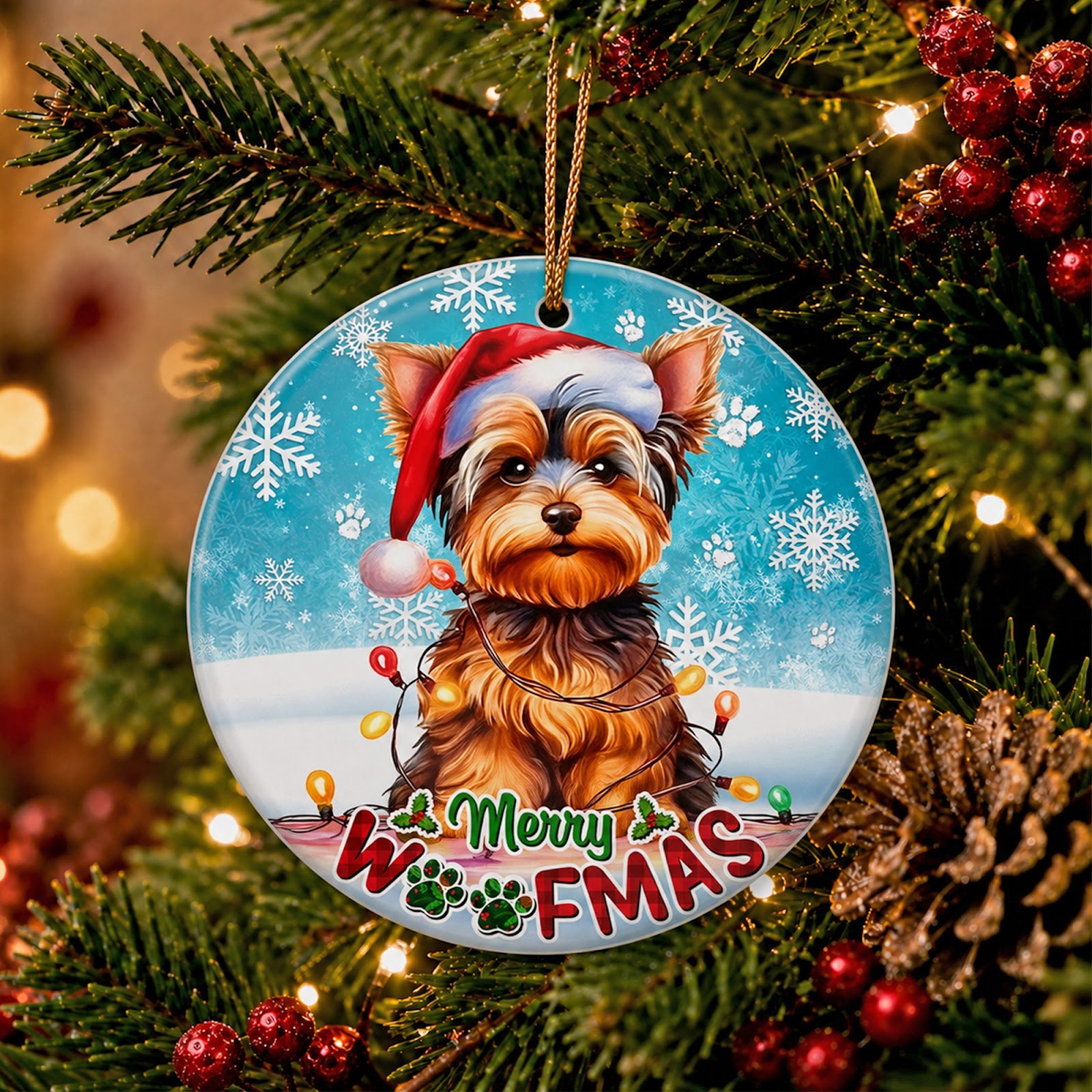 Yorkie Christmas Ornament, Merry Woofmas Dog Lover Gift, Ceramic Hanging Tree Decoration