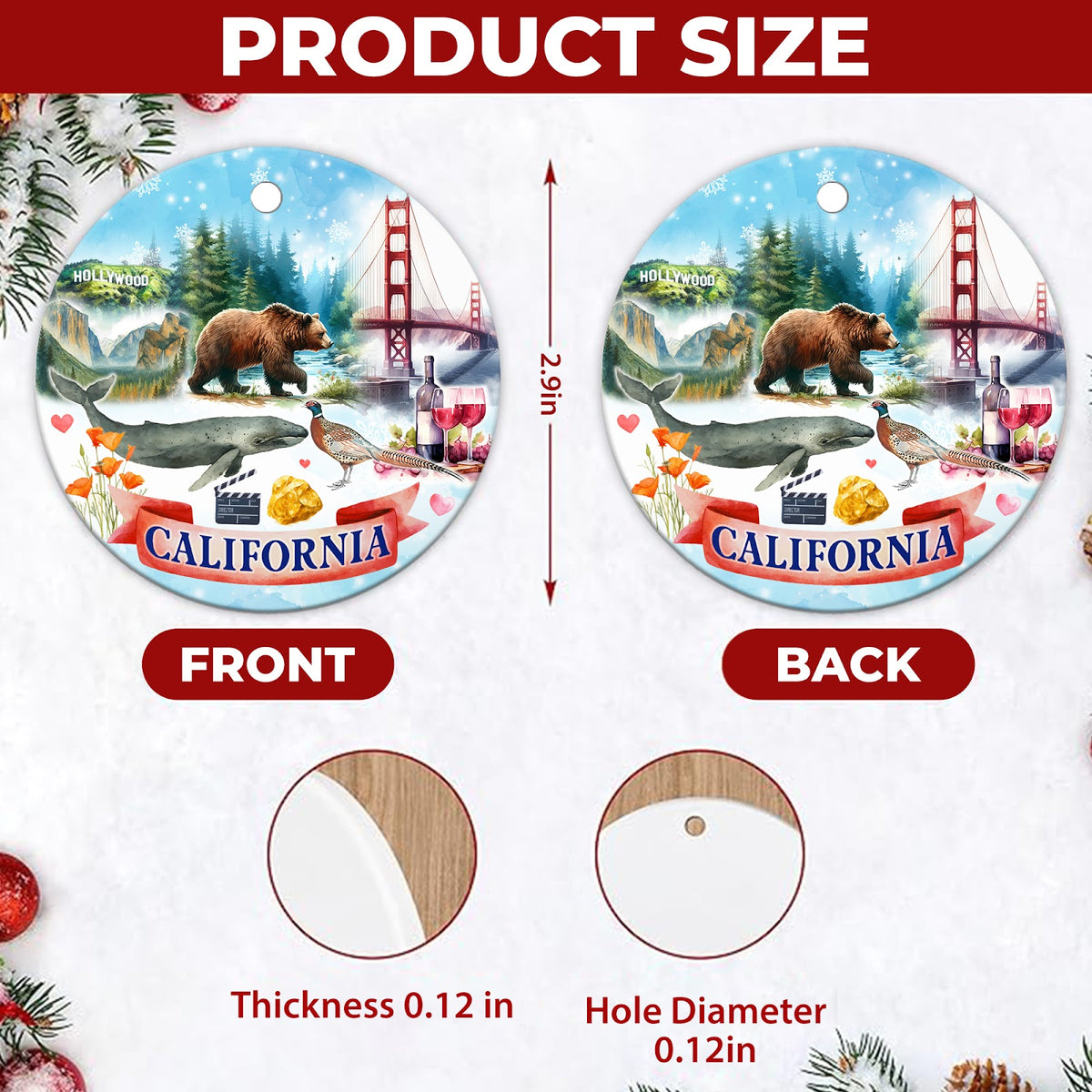 California Christmas Ornament, State Souvenir Keepsake, Ceramic Hanging Tree Decoration