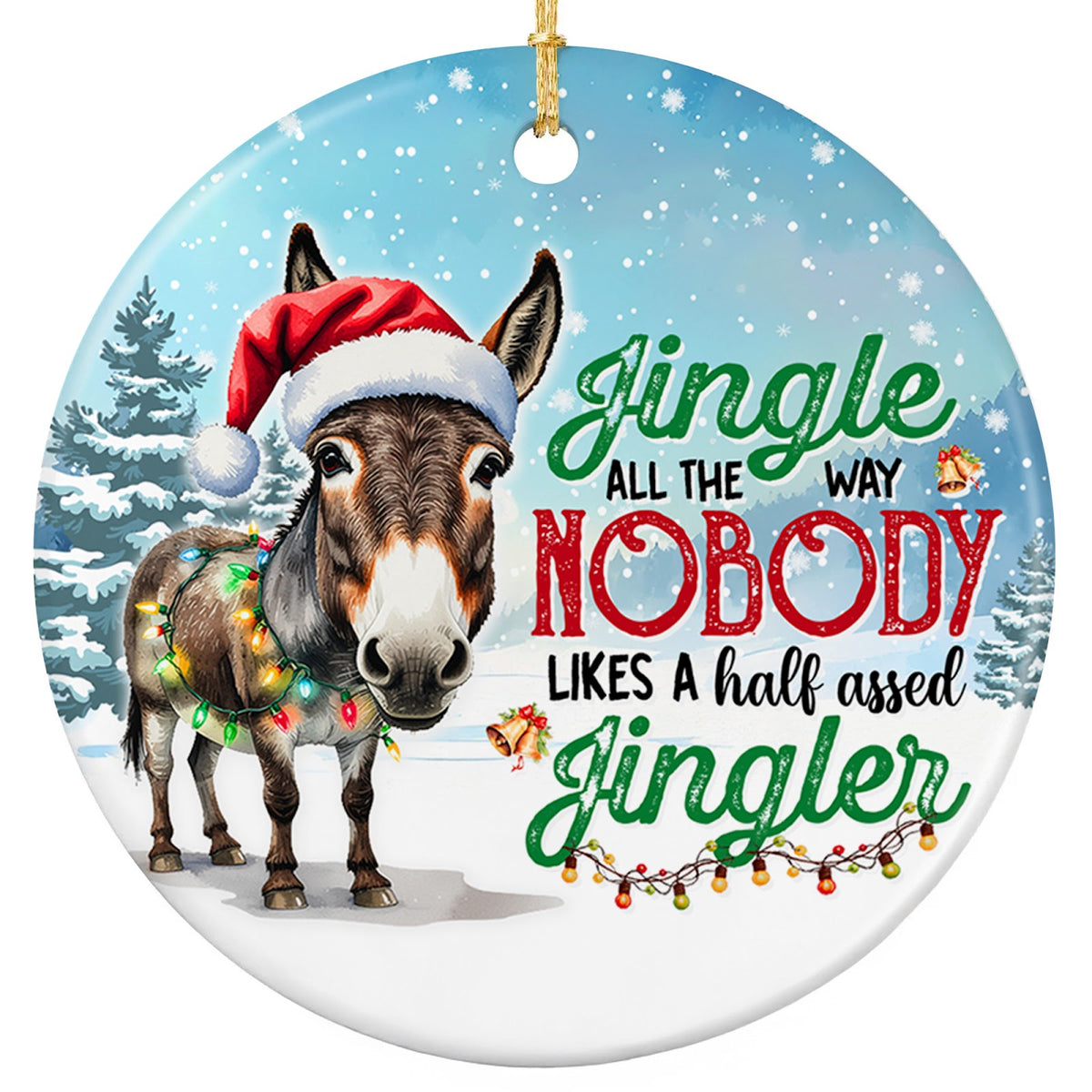 Brown Donkey in a Santa Hat and Colored Lights Standing in a Snowy Pine Forest. Ceramic Novelty Keepsake.