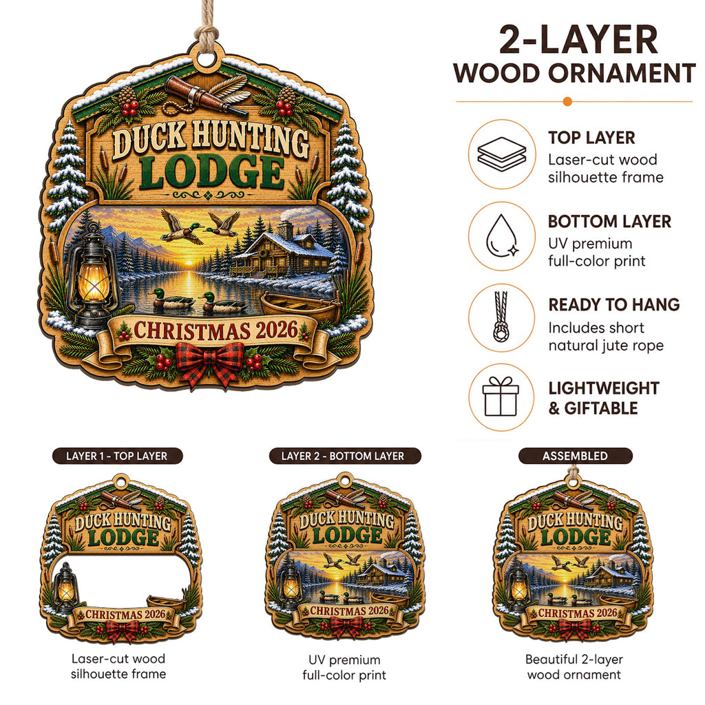Duck Lodge Hunter Hunting Dog Christmas Ornament, Waterfowl Lodge Keepsake, Wood Ornament