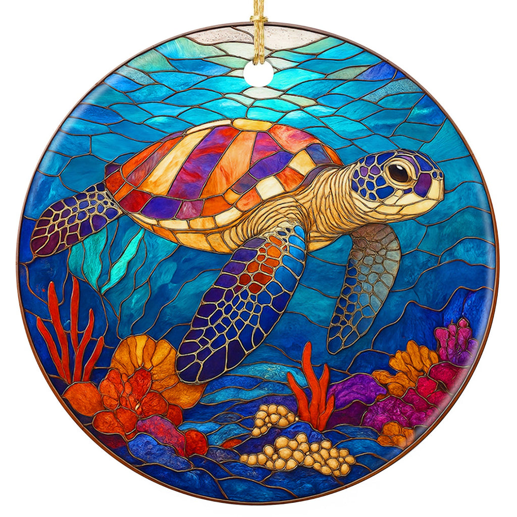 Mosaic Sea Turtle With an Orange and Blue Shell Swimming Through Turquoise Water. Ceramic Keepsake.