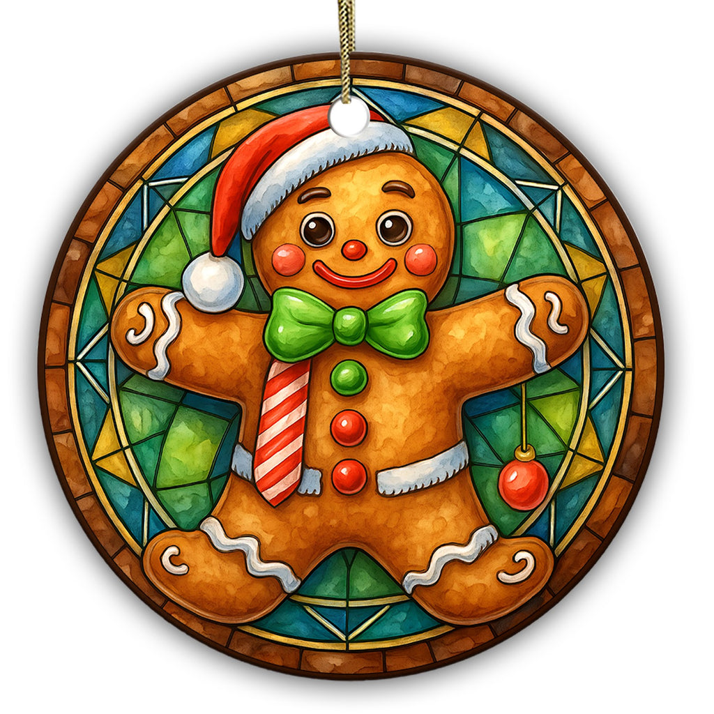 Grinning Gingerbread Man in a Santa Hat and Bow Tie on a Leaded Glass Rosette. Ceramic Keepsake for Kids.