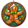Grinning Gingerbread Man in a Santa Hat and Bow Tie on a Leaded Glass Rosette. Ceramic Keepsake for Kids.
