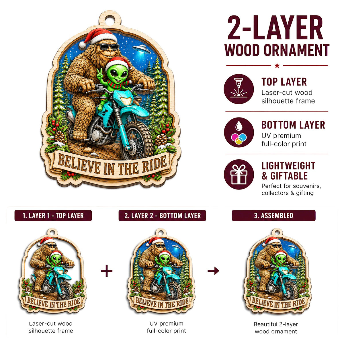Bigfoot Biker Sasquatch Rider Christmas Ornament, Sasquatch Rider Keepsake, Wood Ornament