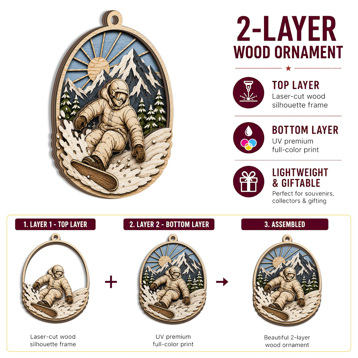 Snowboarder Mountain Wood Christmas Ornament