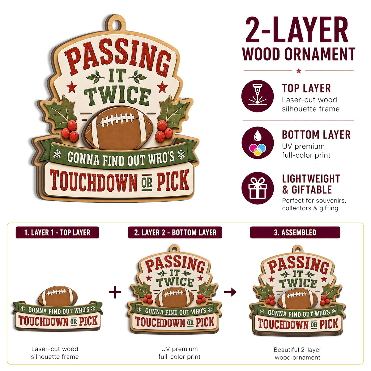 Football Wood Christmas Ornament