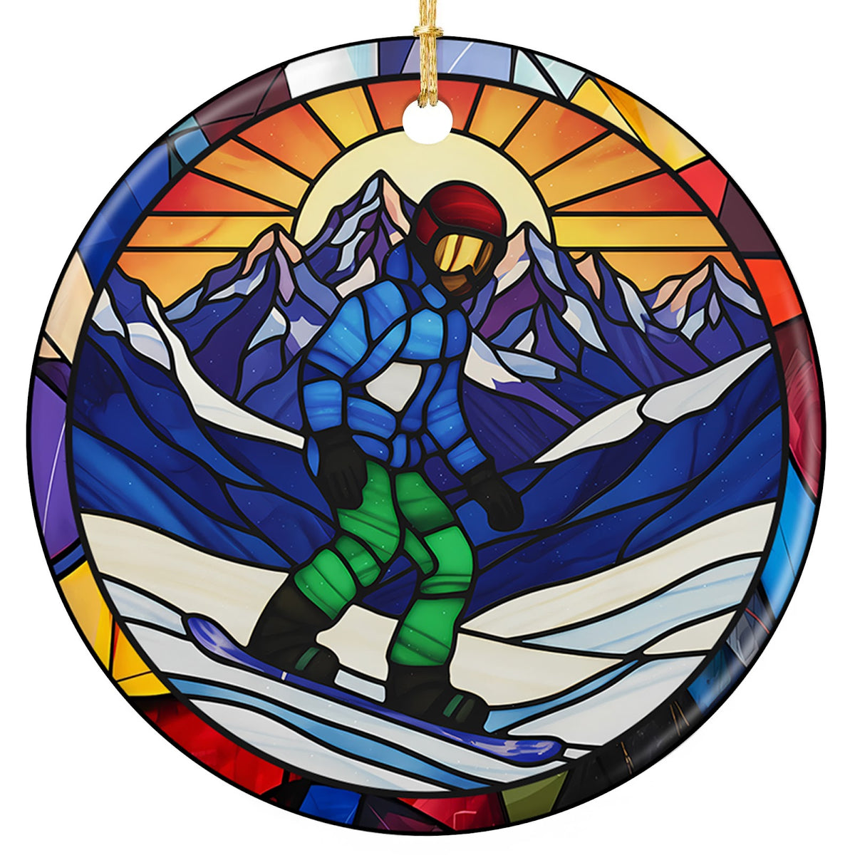 Snowboarder Carving Past Glass Peaks Under a Blazing Sun. Ceramic Keepsake for Riders and Season Pass Holders.