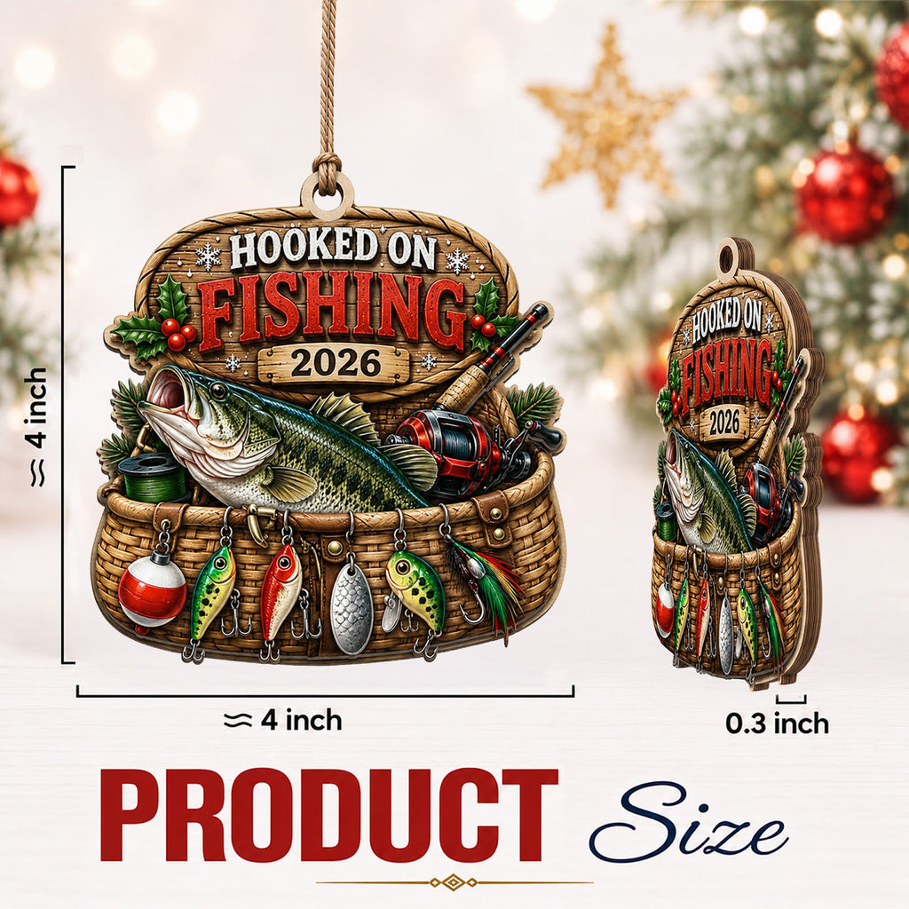 Fishing Basket Angler Tackle Christmas Ornament, Creel Basket Keepsake, Wood Tree Decoration