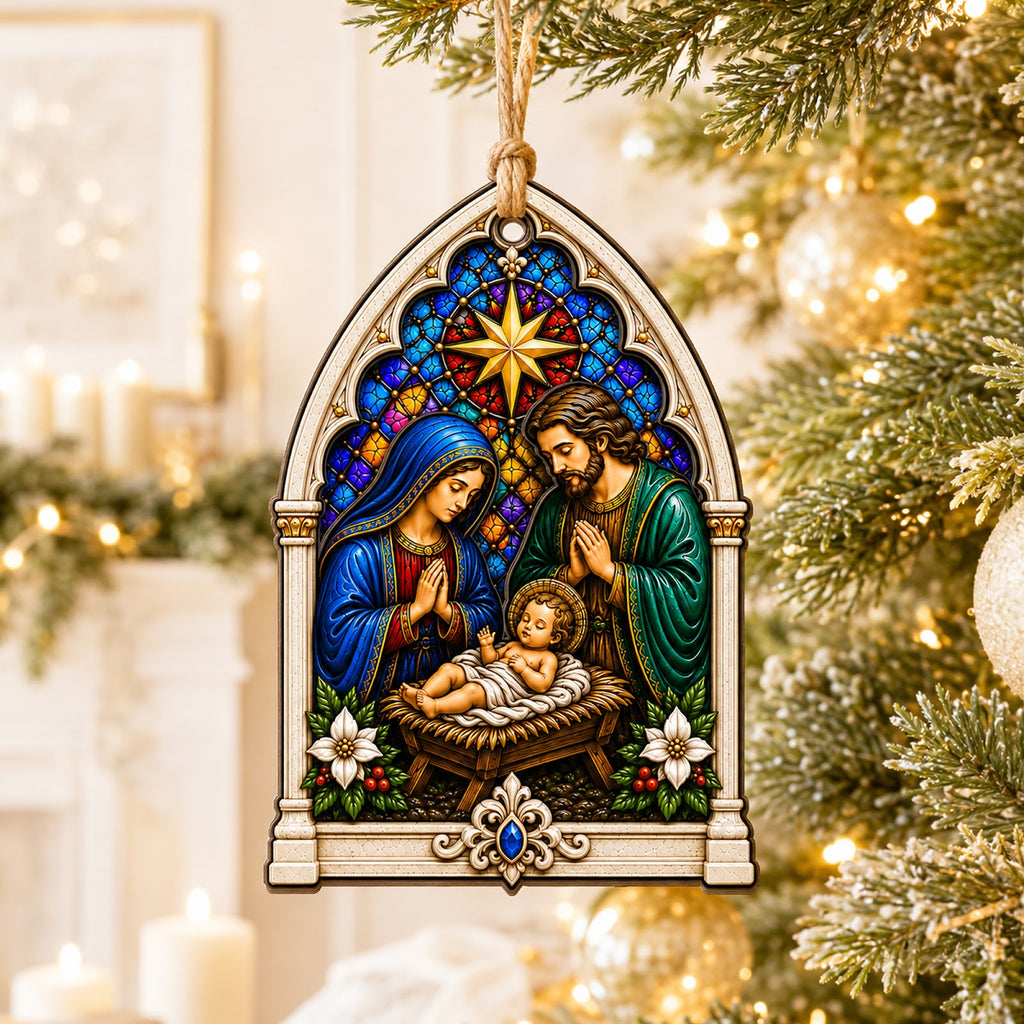 Nativity Christmas Ornament, Sacred Religious Gift, Wood Hanging Tree Decoration
