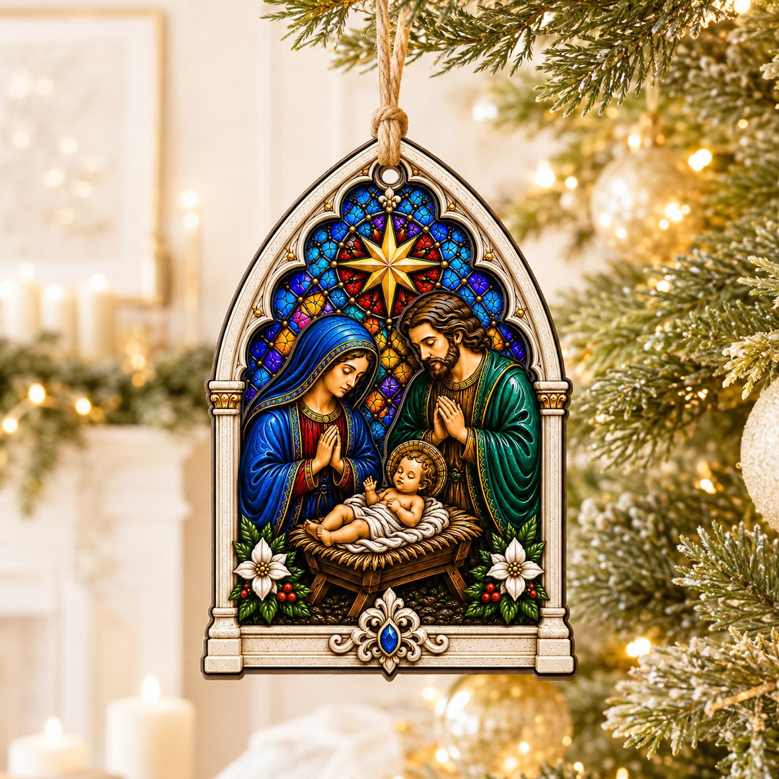 Nativity Christmas Ornament, Sacred Religious Gift, Wood Hanging Tree Decoration