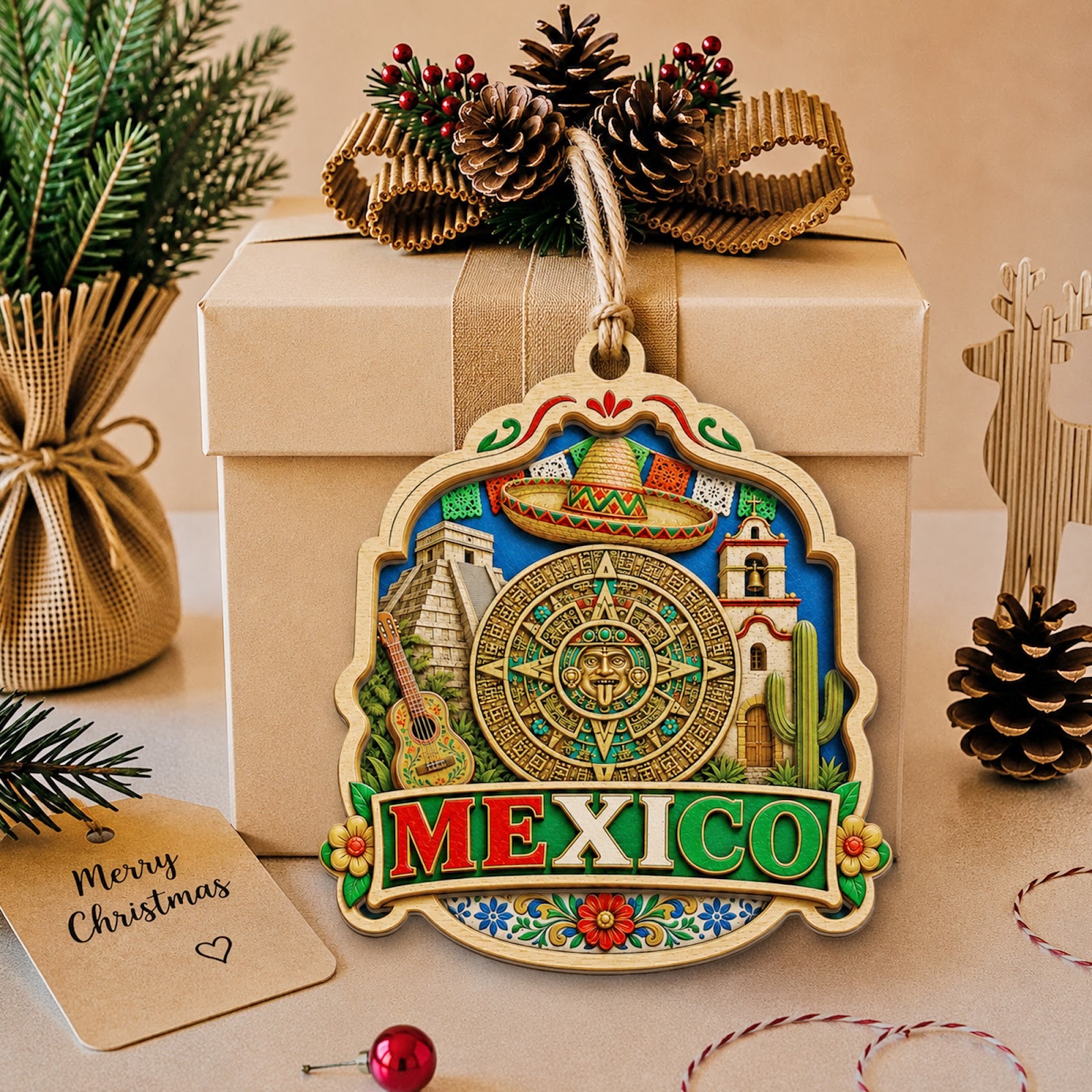 Mexico Christmas Ornament, Mayan Pyramid and Mariachi Souvenir Gift, Wood Tree Decoration