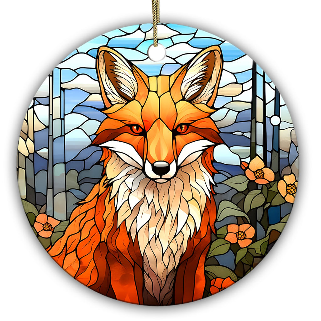 Red Fox Sitting Upright Among Glass Trees and Orange Wildflowers. Ceramic Keepsake for Woodland Fans.