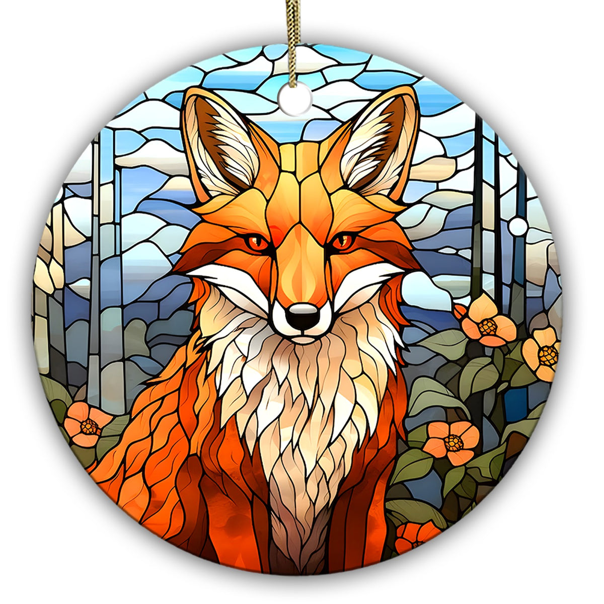 Red Fox Sitting Upright Among Glass Trees and Orange Wildflowers. Ceramic Keepsake for Woodland Fans.