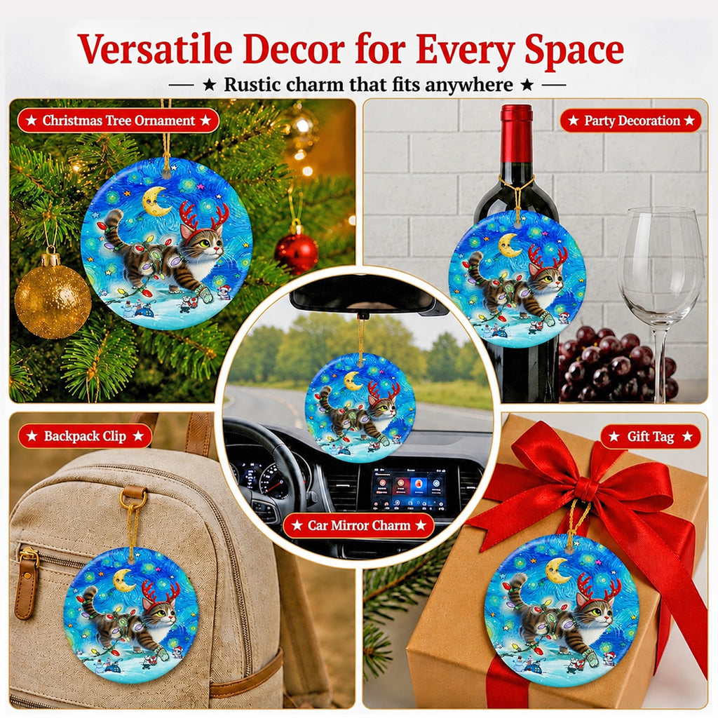 Cat Christmas Ornament, Starry Night Whimsical Art Gift, Ceramic Hanging Tree Decoration
