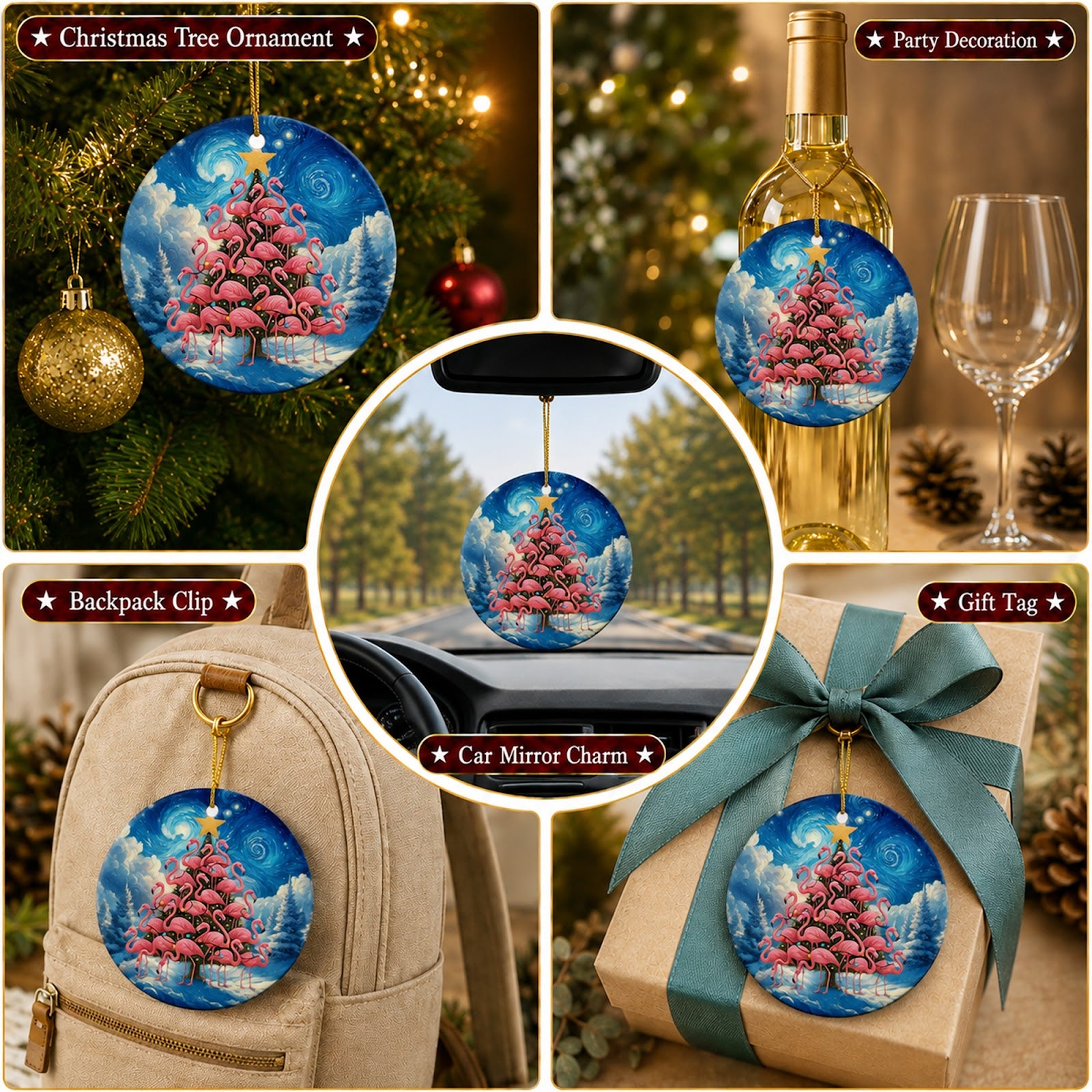 Flamingo Christmas Ornament, Starry Night Tropical Gift, Ceramic Hanging Tree Decoration