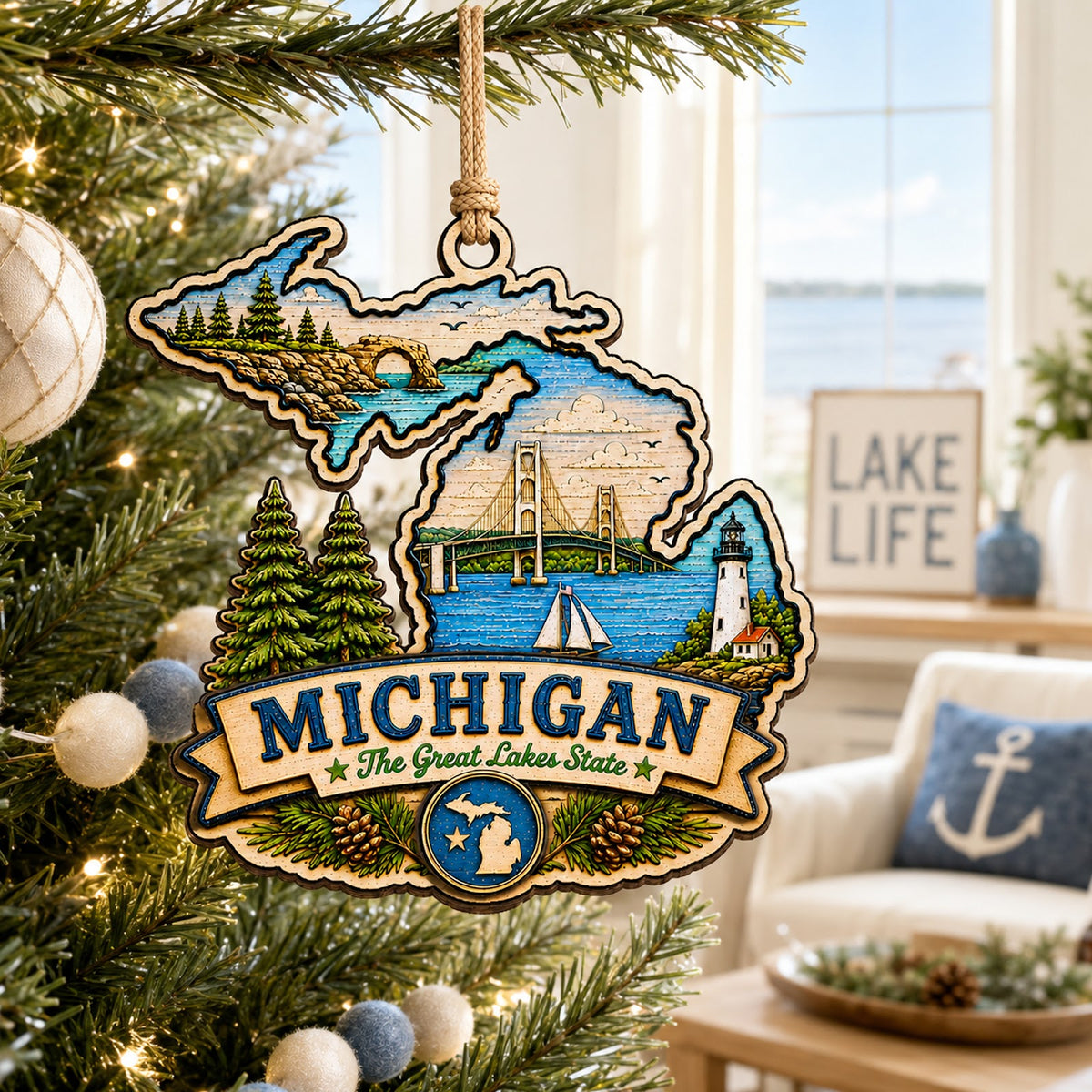 Michigan Christmas Ornament, Great Lakes Mackinac Bridge Souvenir Gift, Wood Tree Decoration