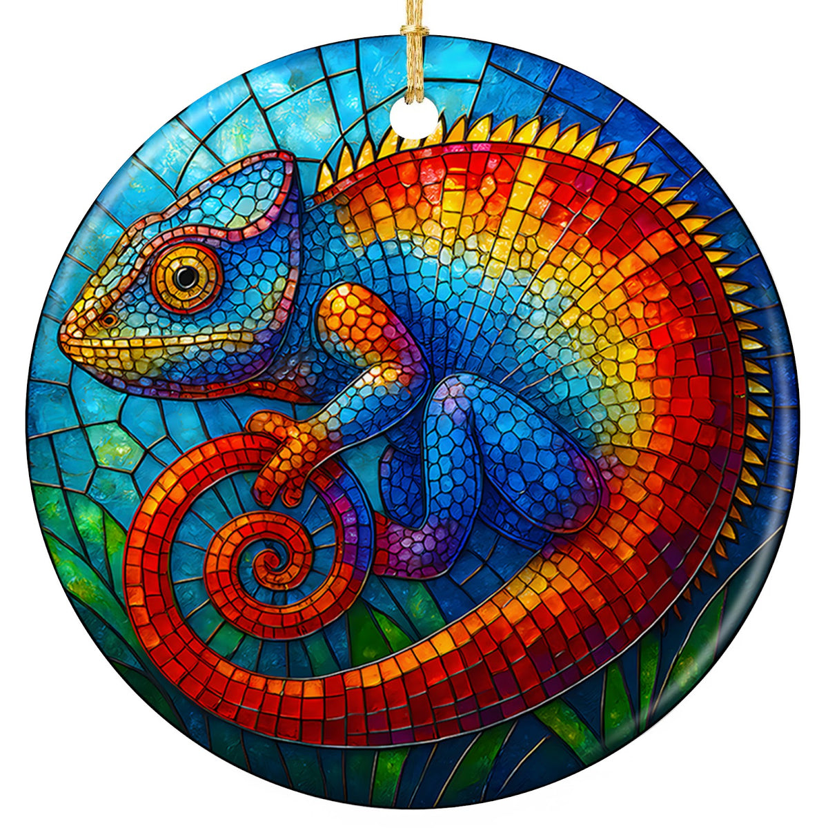 Rainbow Chameleon With a Spiraled Tail on Bright Teal Mosaic Glass. Ceramic Keepsake for Reptile Keepers.