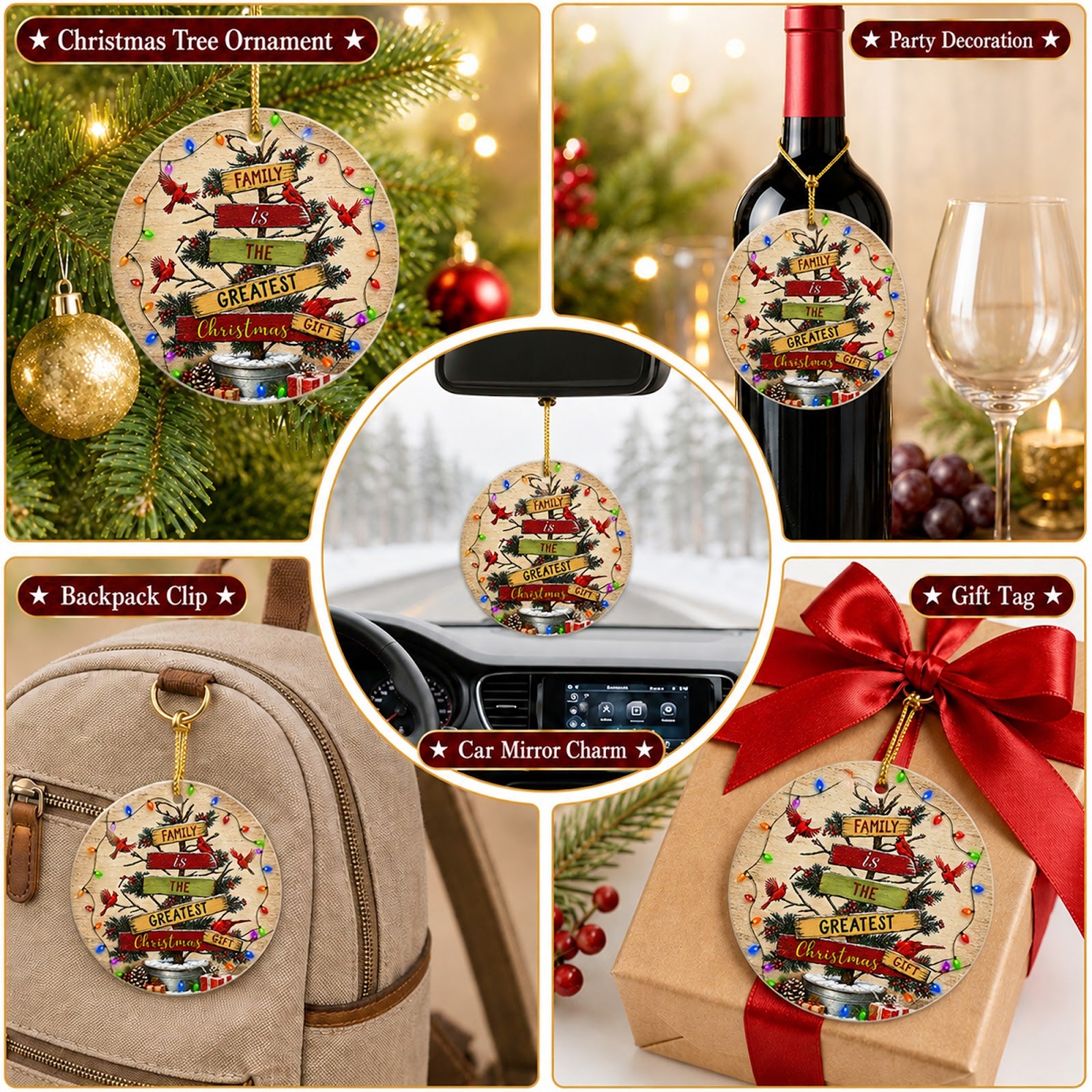 Family Christmas Ornament, Cardinal Greatest Gift Keepsake, Ceramic Hanging Tree Decoration