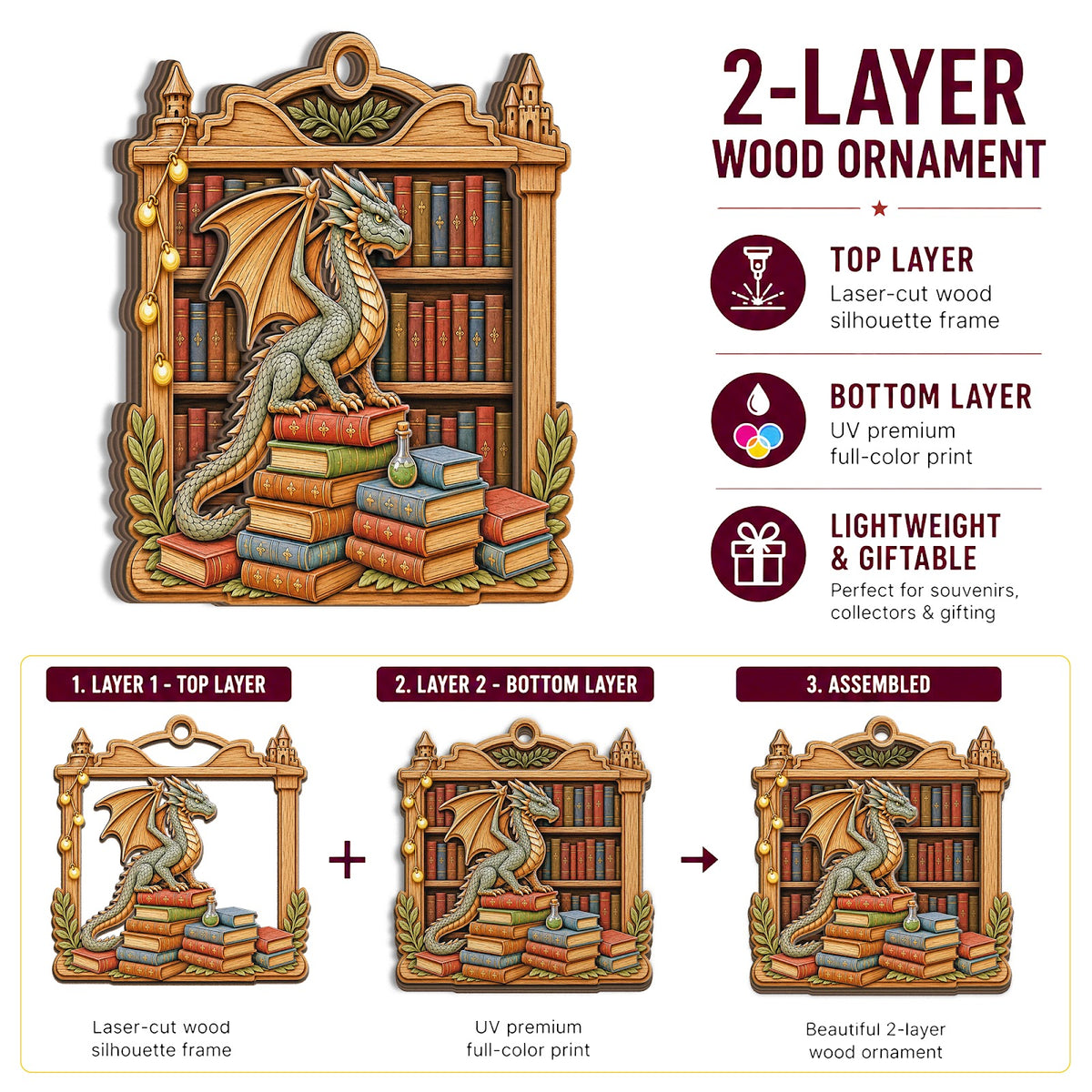 Dragon Love Book Fantasy Magic Christmas Ornament, Dragon Reader Keepsake, Wood Tree Decoration