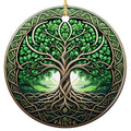 Braided Celtic Tree of Life With Roots Meeting Branches, Ringed by Cream Knotwork on Forest Green. Ceramic Keepsake.