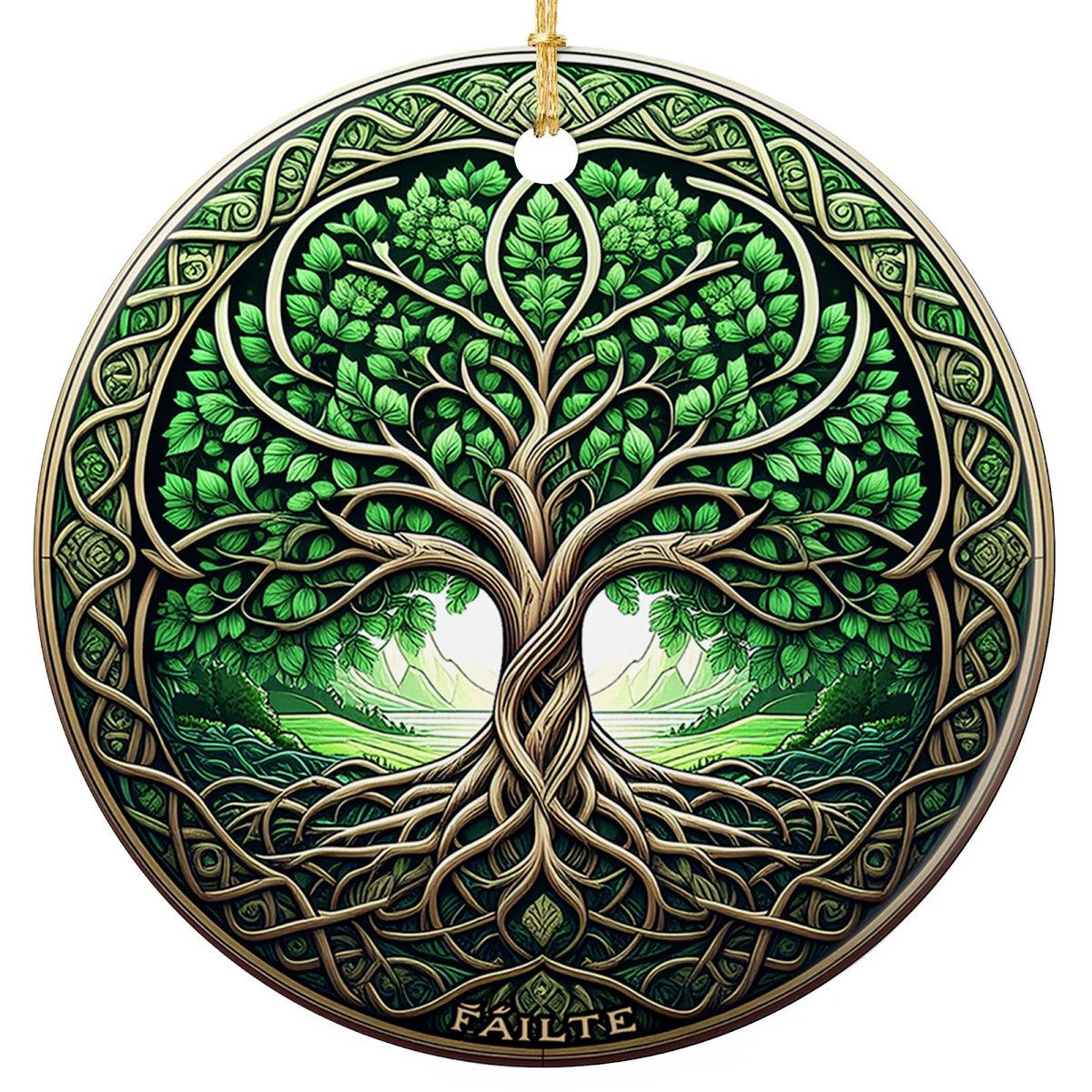 Braided Celtic Tree of Life With Roots Meeting Branches, Ringed by Cream Knotwork on Forest Green. Ceramic Keepsake.