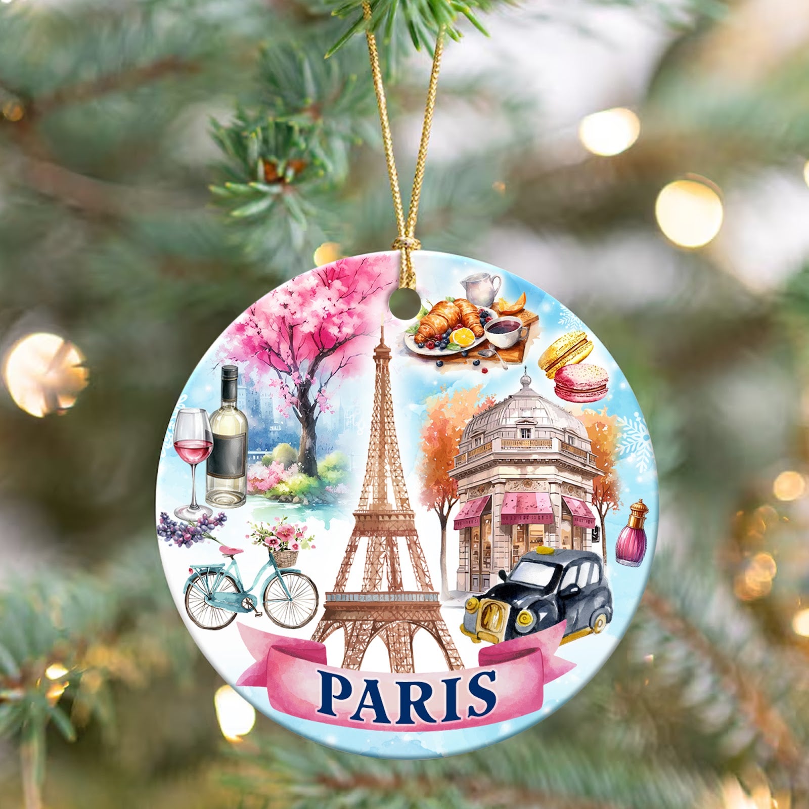 Paris Christmas Ornament, France Travel Souvenir Gift, Ceramic Hanging Tree Decoration