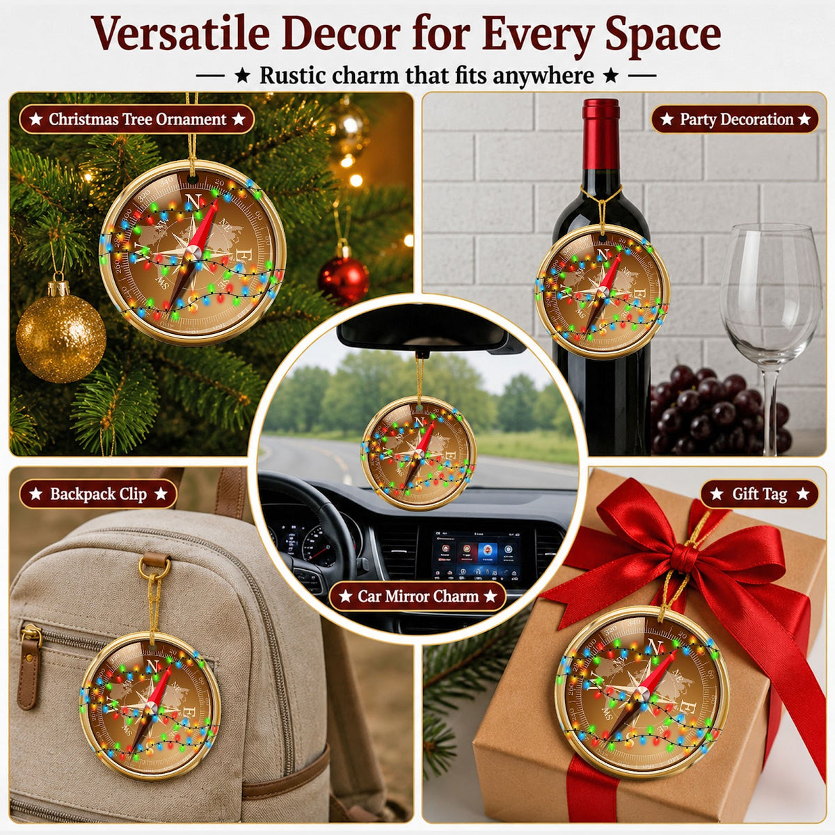 Compass Christmas Ornament, Adventure Traveler Gift, Ceramic Hanging Tree Decoration