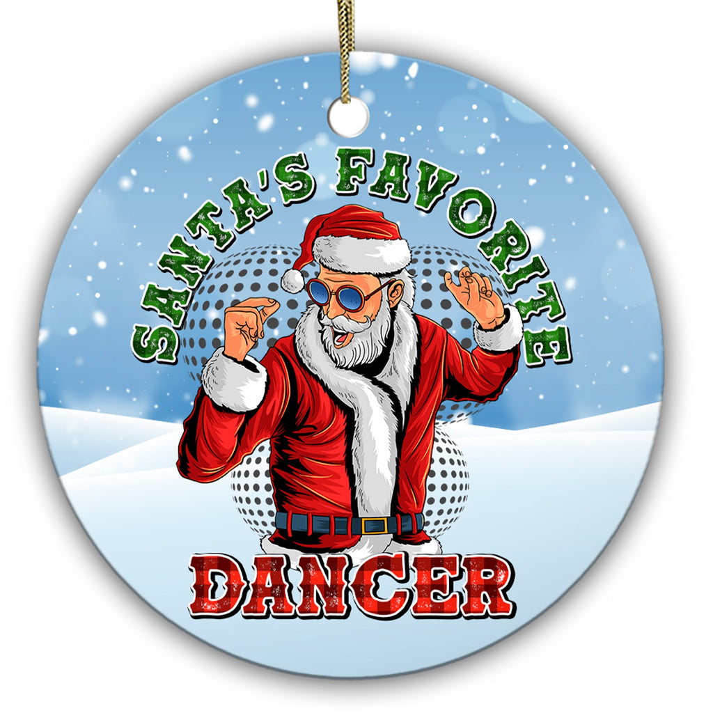 Santa in Blue Shades Striking a Disco Pose Before a Mirror Ball. Ceramic Keepsake for Dancers and Studios.