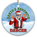 Santa in Blue Shades Striking a Disco Pose Before a Mirror Ball. Ceramic Keepsake for Dancers and Studios.